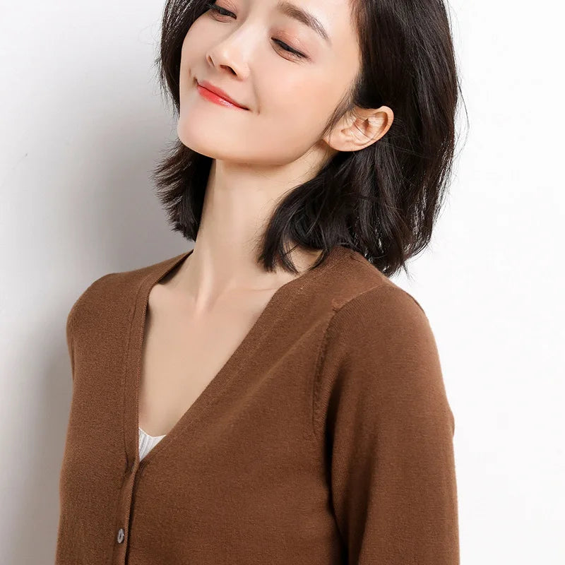 Cardigans Women 2025 Spring Autumn Knitwears Korean Fashion Cardigan Short Style Tops V-neck Knitted Outerwears Solid Sweaters