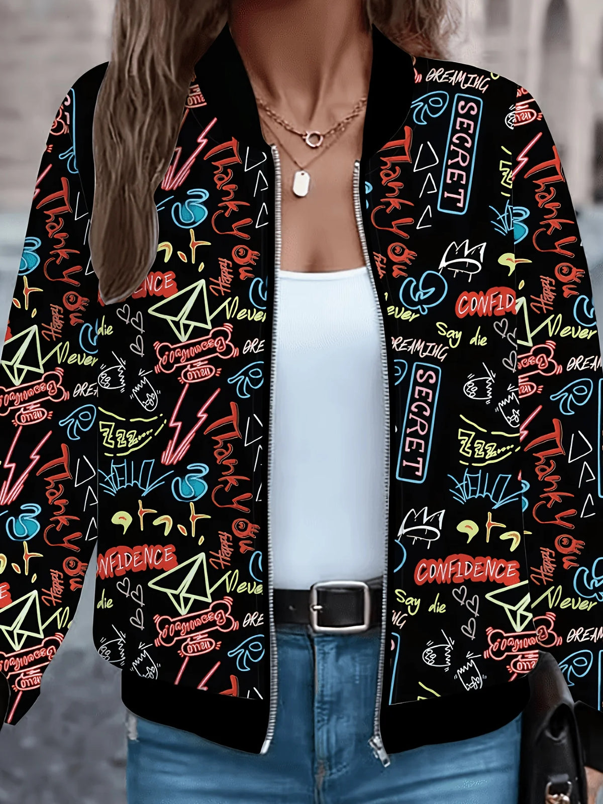 Street-Style Cool Graffiti Letter Print Baseball Jacket Versatile Casual Personality Top Coat