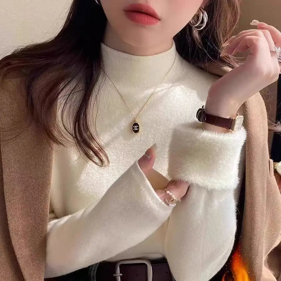 White Knitted Fleece Lined Half High Collar Sweater Women's Fashion Autumn Winter Inner Wear Base Shirt Integrated Fleece Top