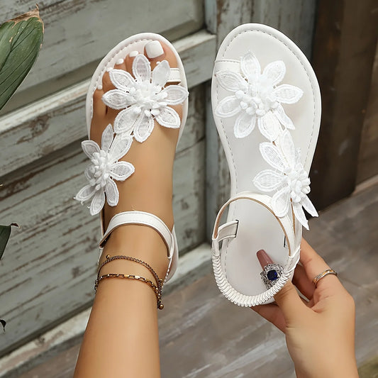 2026 Summer Women 3D Floral Flat Sandals Lace Flower Ankle Strap Slingback Open Toe Slip On Lightweight Non Slip Comfort Walking Slippers Boho Beach Vacation Casual Daily Dating Wedding Party Shoes Black White Multiple Sizes