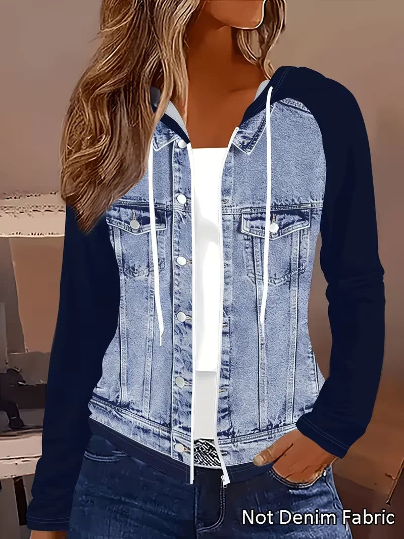 Plus size women's navy blue color-block hooded printed faux denim jacket; zipper faux pocket faux denim jacket; spring and autumn casual top