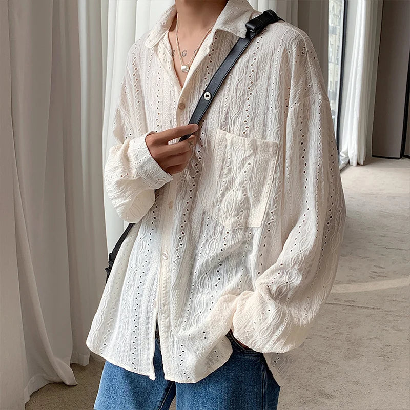 Personalized Shirts Men Handsome Lapel Men Blouse Vacation Hollow Out Sexy Fashion Men Clothing Male Mesh Long Sleeve Shirts