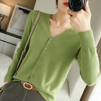 Cardigans Women 2025 Spring Autumn Knitwears Korean Fashion Cardigan Short Style Tops V-neck Knitted Outerwears Solid Sweaters