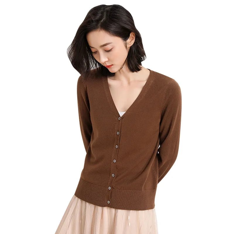 Cardigans Women 2025 Spring Autumn Knitwears Korean Fashion Cardigan Short Style Tops V-neck Knitted Outerwears Solid Sweaters