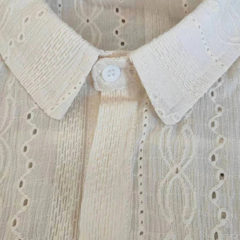 Personalized Shirts Men Handsome Lapel Men Blouse Vacation Hollow Out Sexy Fashion Men Clothing Male Mesh Long Sleeve Shirts