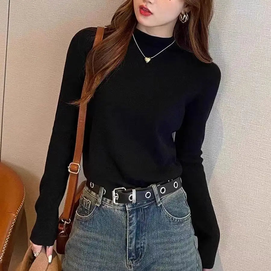 White Knitted Fleece Lined Half High Collar Sweater Women's Fashion Autumn Winter Inner Wear Base Shirt Integrated Fleece Top
