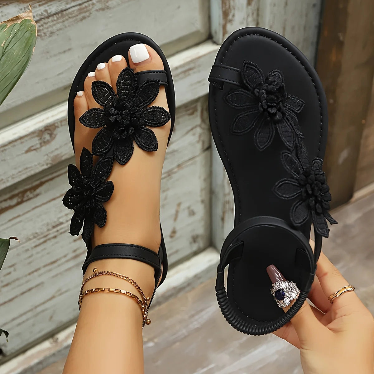 2026 Summer Women 3D Floral Flat Sandals Lace Flower Ankle Strap Slingback Open Toe Slip On Lightweight Non Slip Comfort Walking Slippers Boho Beach Vacation Casual Daily Dating Wedding Party Shoes Black White Multiple Sizes