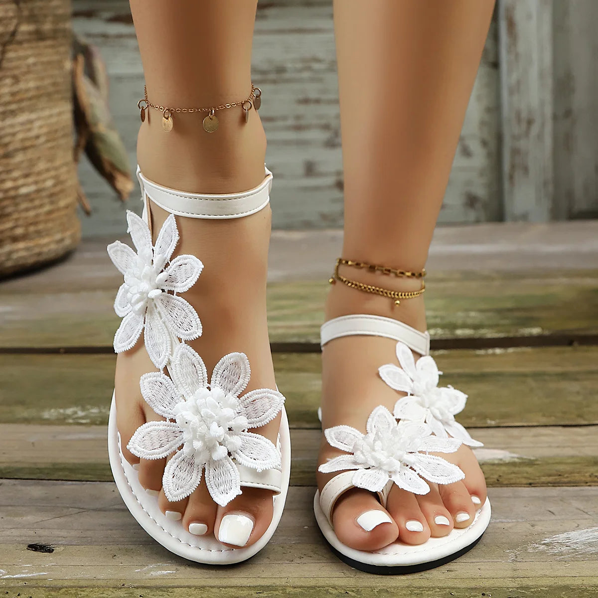 2026 Summer Women 3D Floral Flat Sandals Lace Flower Ankle Strap Slingback Open Toe Slip On Lightweight Non Slip Comfort Walking Slippers Boho Beach Vacation Casual Daily Dating Wedding Party Shoes Black White Multiple Sizes