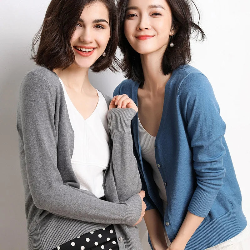 Cardigans Women 2025 Spring Autumn Knitwears Korean Fashion Cardigan Short Style Tops V-neck Knitted Outerwears Solid Sweaters