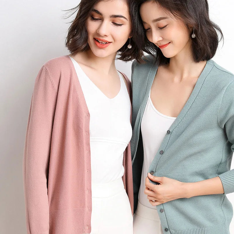 Cardigans Women 2025 Spring Autumn Knitwears Korean Fashion Cardigan Short Style Tops V-neck Knitted Outerwears Solid Sweaters