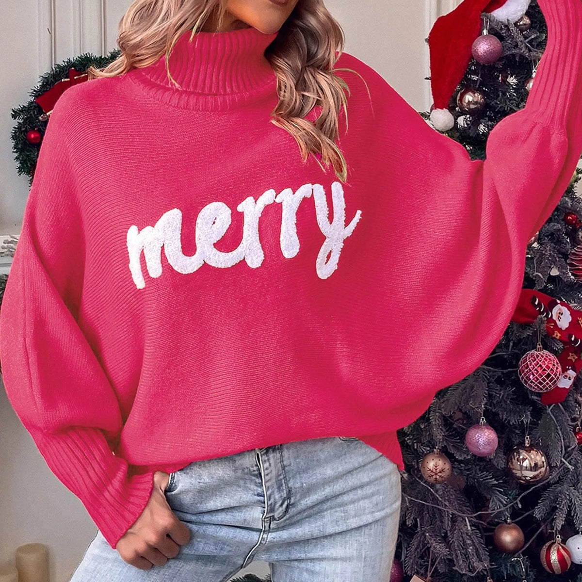 Women's Turtleneck Red Sweater Winter Merry Christmas Loose Bat Sleeve Letter Knitted Sweater Women's Top Knit Jumper Sueter