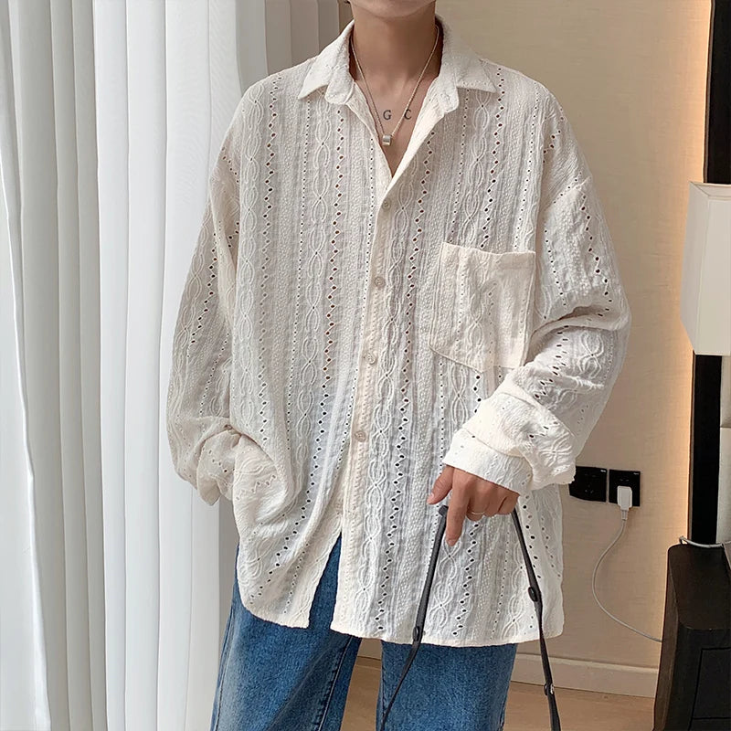 Personalized Shirts Men Handsome Lapel Men Blouse Vacation Hollow Out Sexy Fashion Men Clothing Male Mesh Long Sleeve Shirts