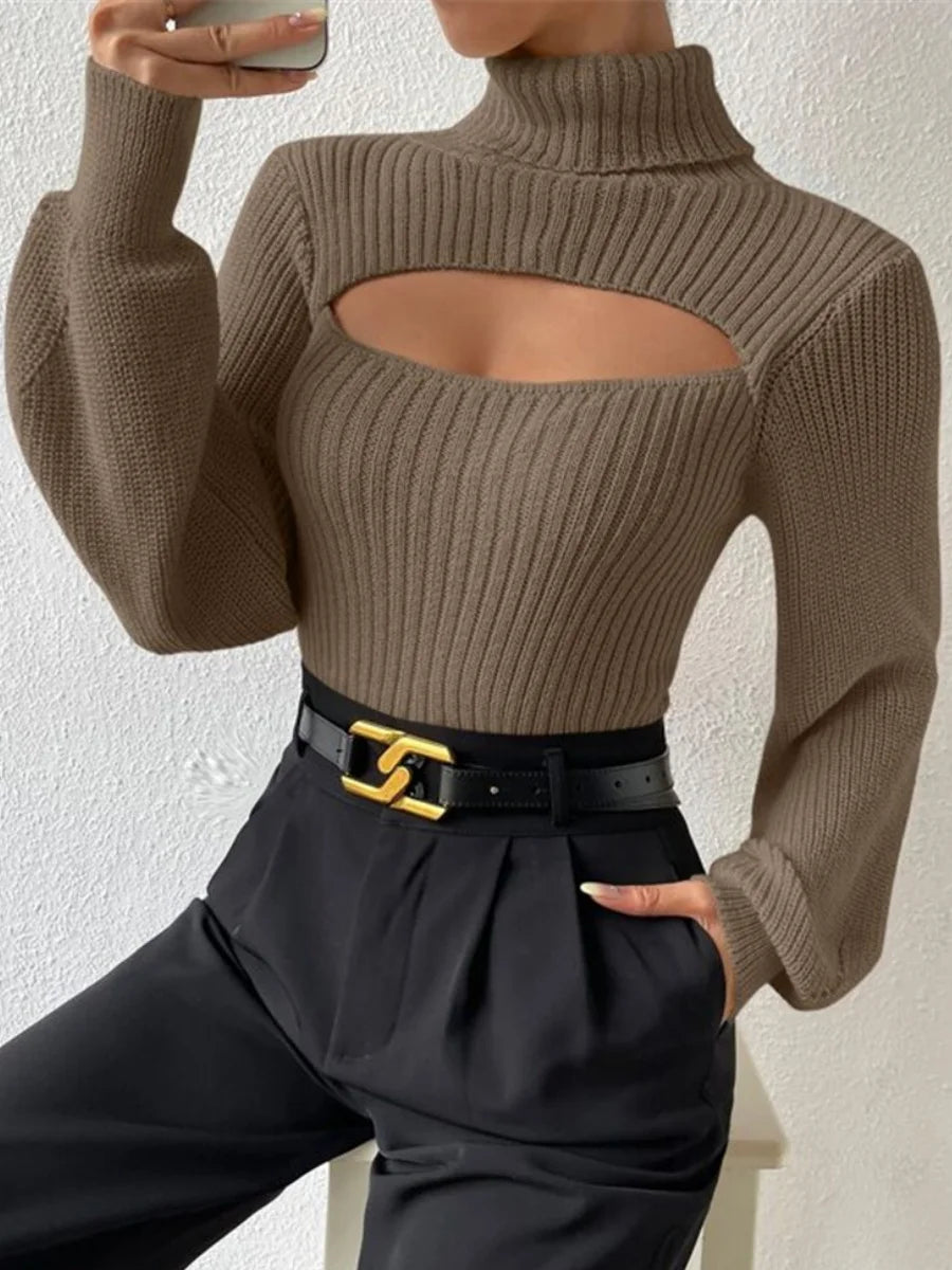 Sexy Hollow Out Design Knitted Pullovers Women's Sweater Causal Loose Turtleneck Soft Warm Top Autumn Winter Y2K Streetwear