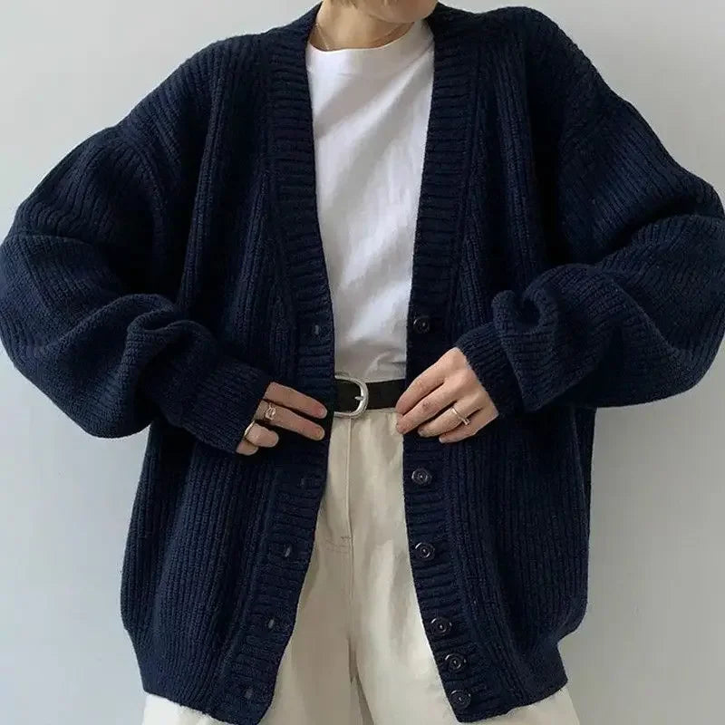 Navy Blue Ladies Sweaters V-neck Knitted Top for Women Cardigan Winter Button New Knitwear Y2k Vintage Fashion 2025 Long Sleeve