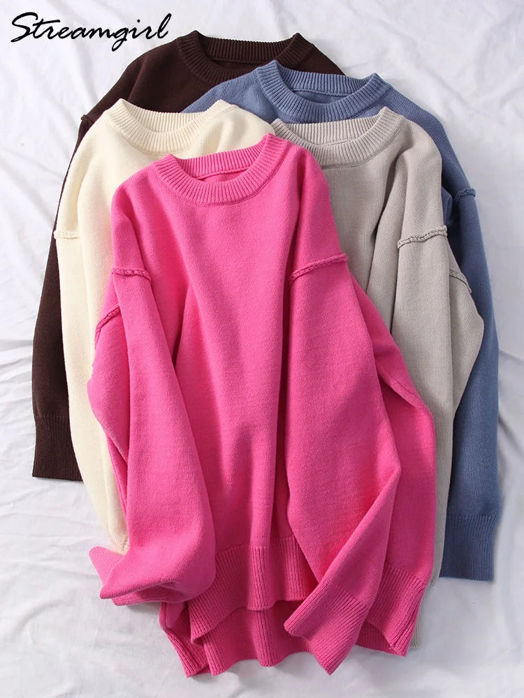 Brown Oversize Sweaters For Women Winter Thick Yellow Pullover Woman Autumn Warm Loose O Neck Ladies Sweaters Jumpers Women