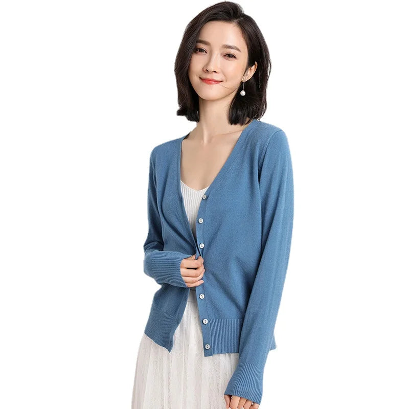 Cardigans Women 2025 Spring Autumn Knitwears Korean Fashion Cardigan Short Style Tops V-neck Knitted Outerwears Solid Sweaters