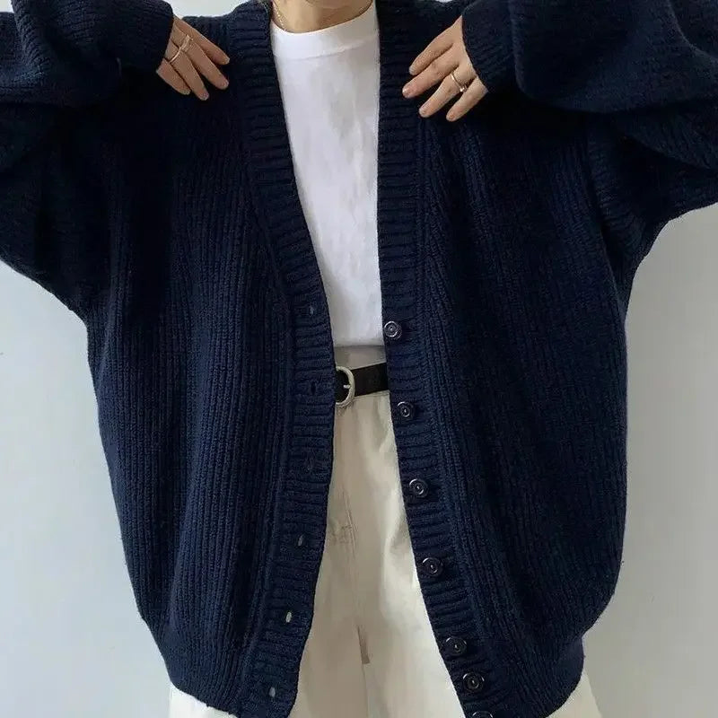Navy Blue Ladies Sweaters V-neck Knitted Top for Women Cardigan Winter Button New Knitwear Y2k Vintage Fashion 2025 Long Sleeve