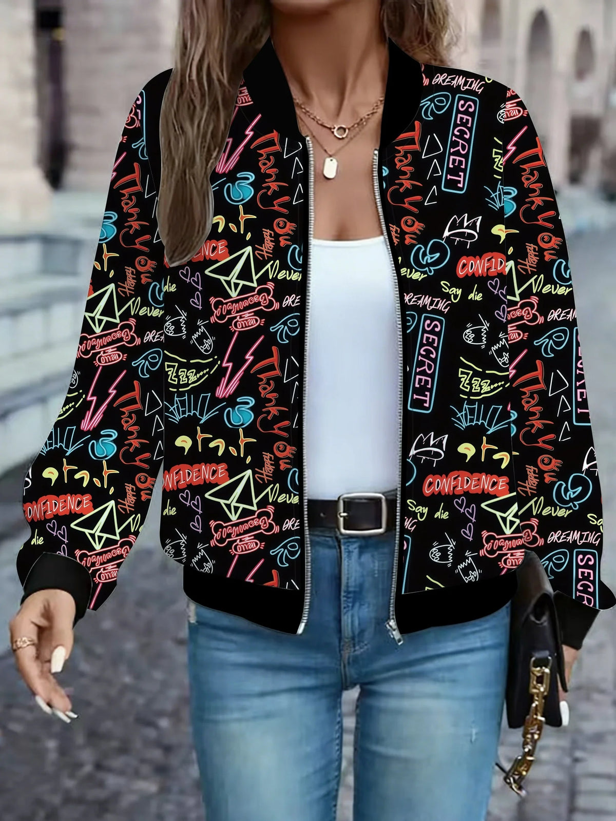 Street-Style Cool Graffiti Letter Print Baseball Jacket Versatile Casual Personality Top Coat
