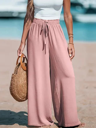 Women's Casual Wide Leg Pants - All Season Comfort Pockets Elastic Waist Loose Fit Solid Color Pants Suitable for Outdoor and Leisure