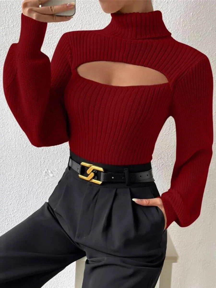Sexy Hollow Out Design Knitted Pullovers Women's Sweater Causal Loose Turtleneck Soft Warm Top Autumn Winter Y2K Streetwear