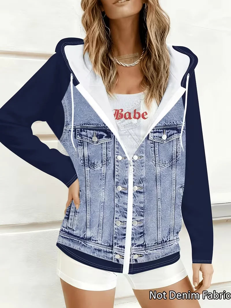 Plus size women's navy blue color-block hooded printed faux denim jacket; zipper faux pocket faux denim jacket; spring and autumn casual top