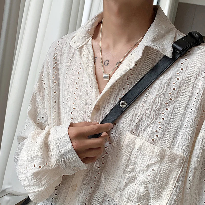 Personalized Shirts Men Handsome Lapel Men Blouse Vacation Hollow Out Sexy Fashion Men Clothing Male Mesh Long Sleeve Shirts