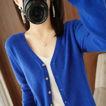 Cardigans Women 2025 Spring Autumn Knitwears Korean Fashion Cardigan Short Style Tops V-neck Knitted Outerwears Solid Sweaters