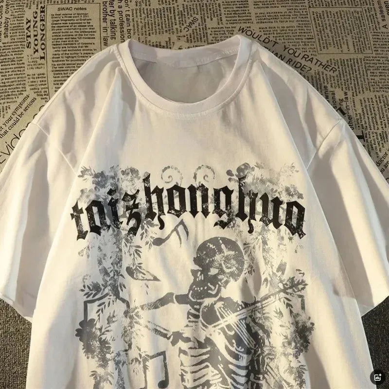 M-8XL American Street Trendy Brand Skull Element Print Trendy Men's T-shirt High Street Trendy Men's Clothing