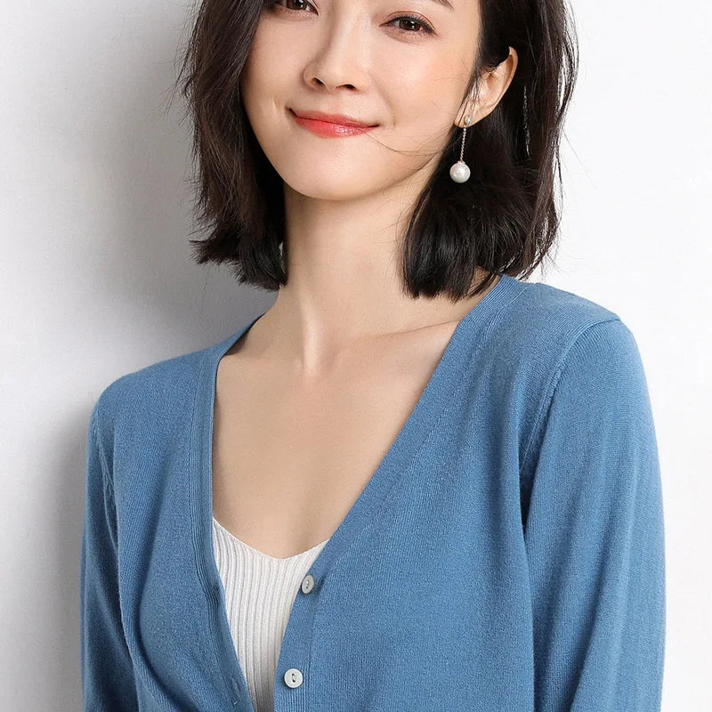 Cardigans Women 2025 Spring Autumn Knitwears Korean Fashion Cardigan Short Style Tops V-neck Knitted Outerwears Solid Sweaters