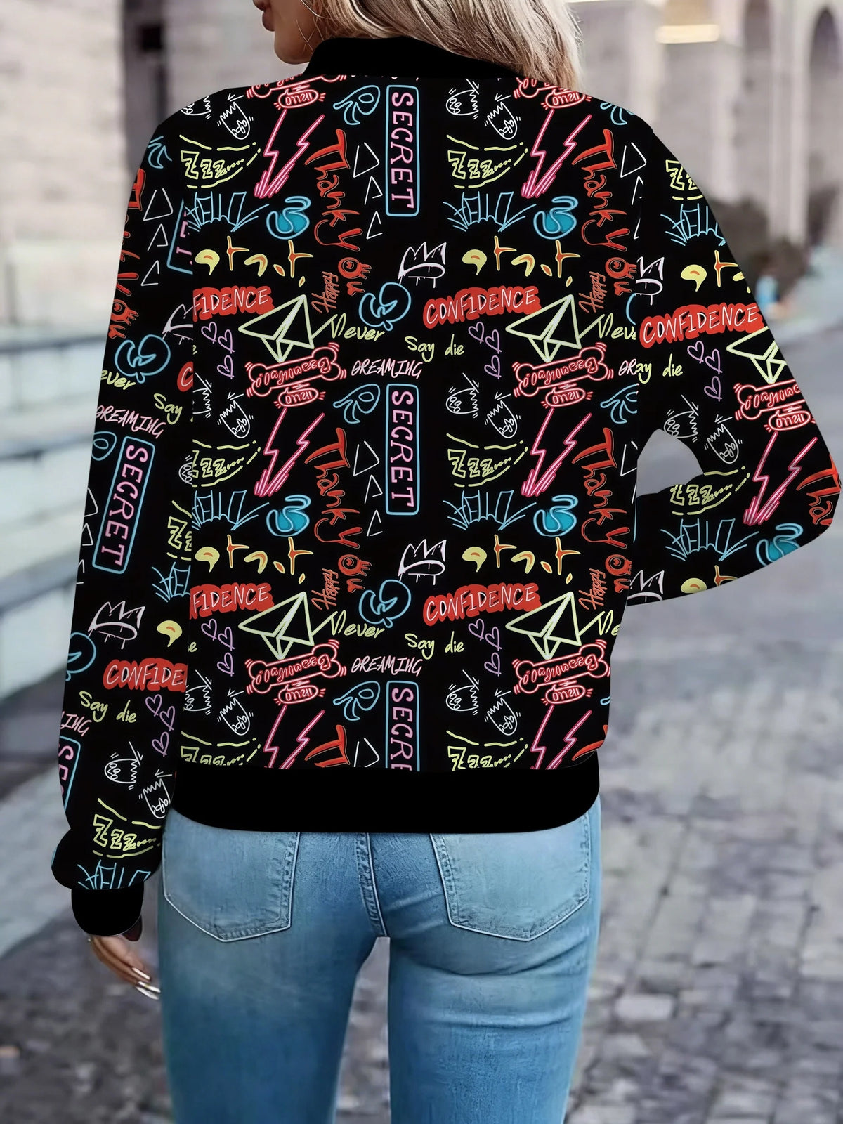 Street-Style Cool Graffiti Letter Print Baseball Jacket Versatile Casual Personality Top Coat