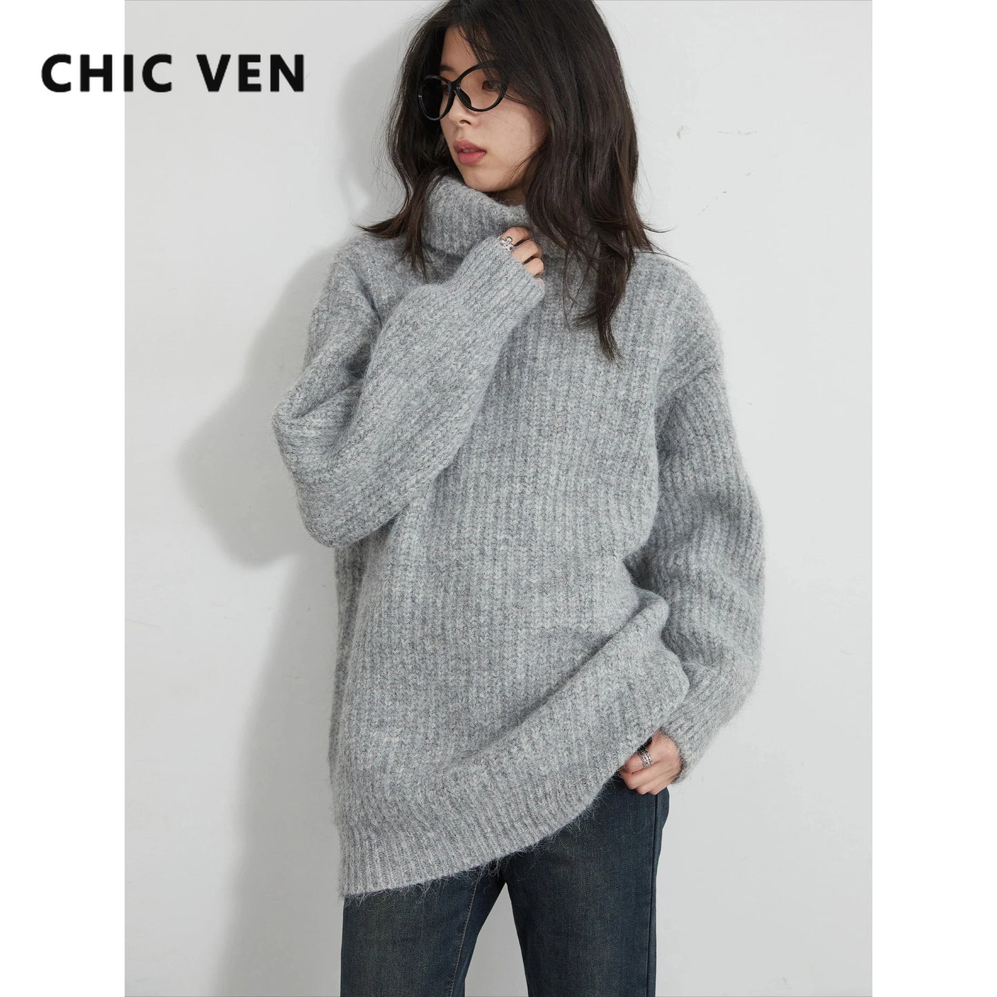 CHIC VEN Women Turtleneck Sweaters Solid Loose Casual Pullovers Bottom Thick Warm Female Jumpers Knitwear Autumn Winter 2025