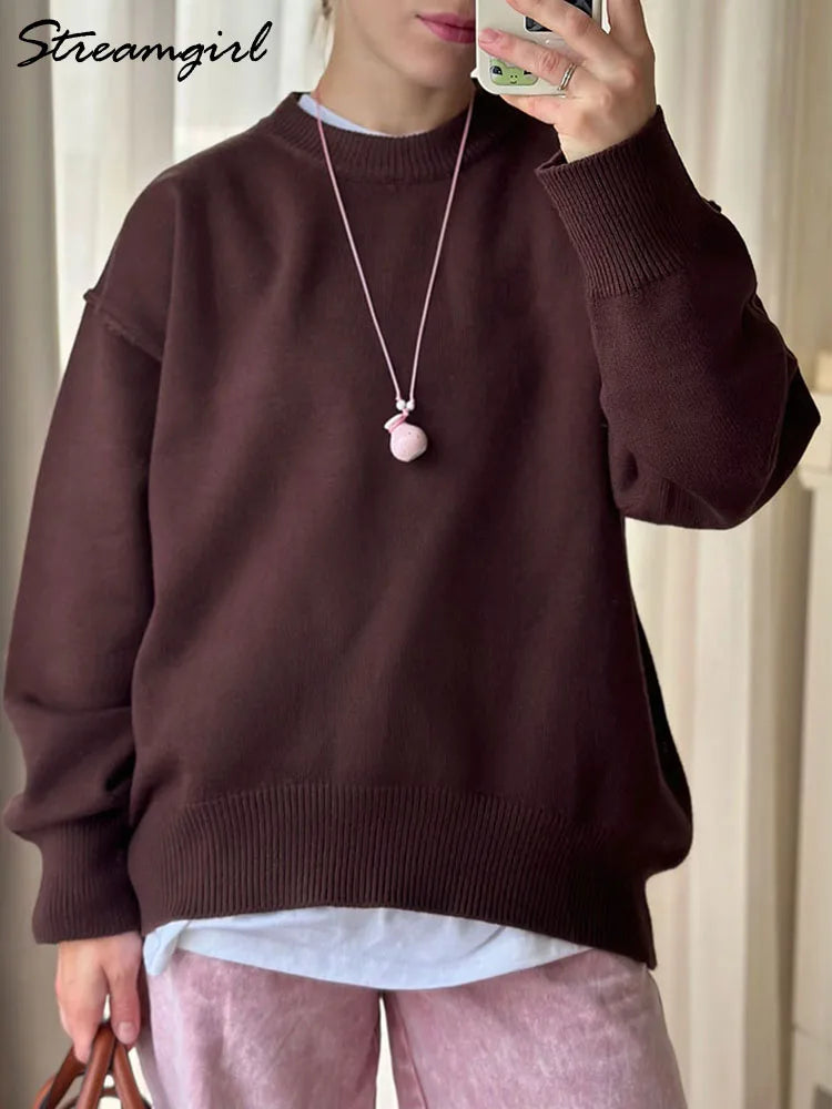 Brown Oversize Sweaters For Women Winter Thick Yellow Pullover Woman Autumn Warm Loose O Neck Ladies Sweaters Jumpers Women