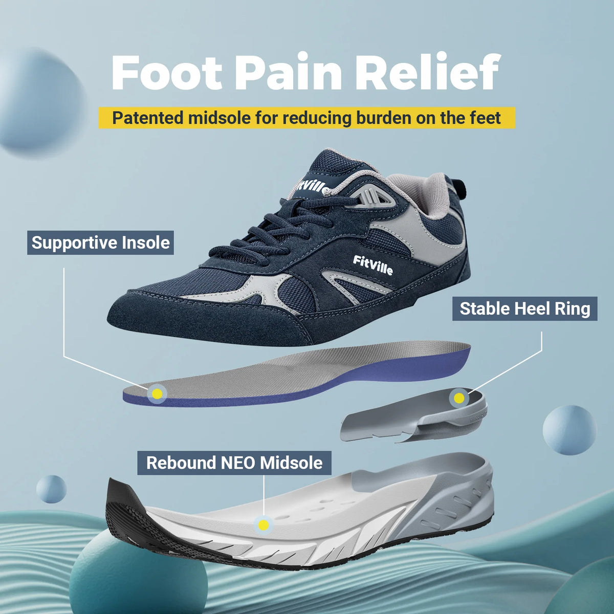 FitVille Newest Walking Shoes for Men Wide Width Sneakers with Arch Support for Flat Feet Heel Pain Relief Plantar Fasciitis