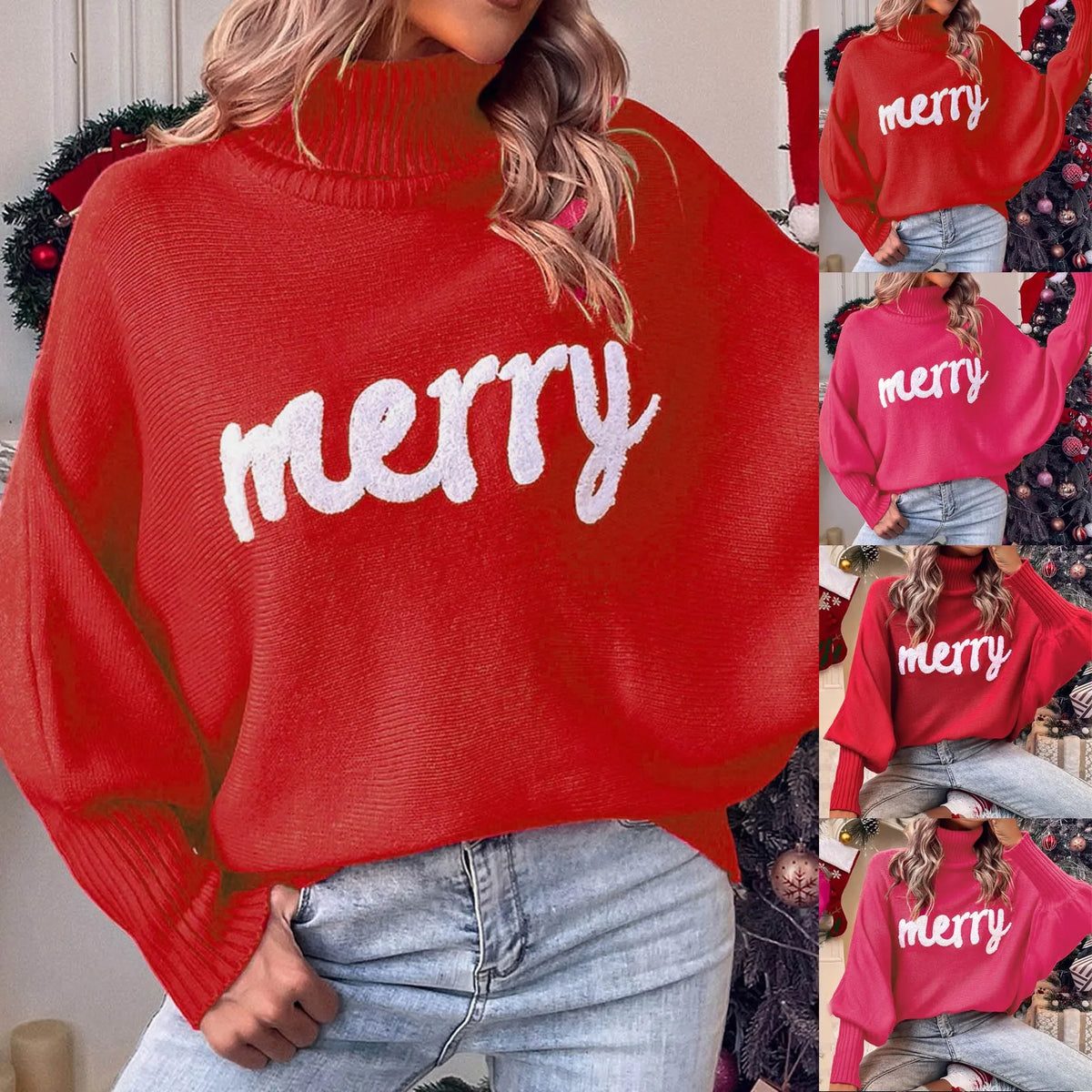 Women's Turtleneck Red Sweater Winter Merry Christmas Loose Bat Sleeve Letter Knitted Sweater Women's Top Knit Jumper Sueter