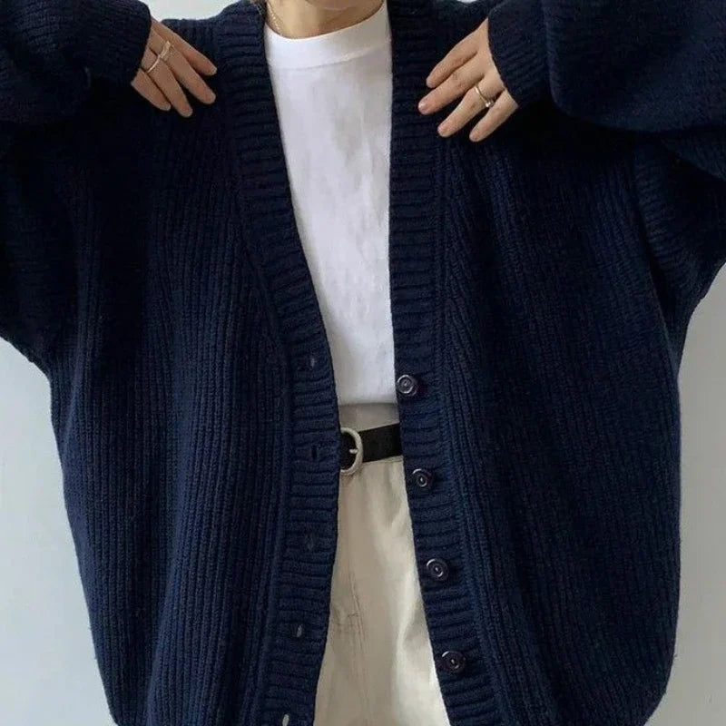 Navy Blue Ladies Sweaters V-neck Knitted Top for Women Cardigan Winter Button New Knitwear Y2k Vintage Fashion 2025 Long Sleeve