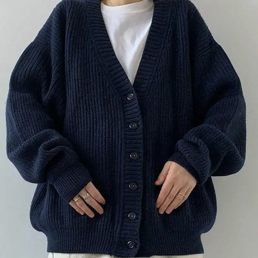 Navy Blue Ladies Sweaters V-neck Knitted Top for Women Cardigan Winter Button New Knitwear Y2k Vintage Fashion 2025 Long Sleeve