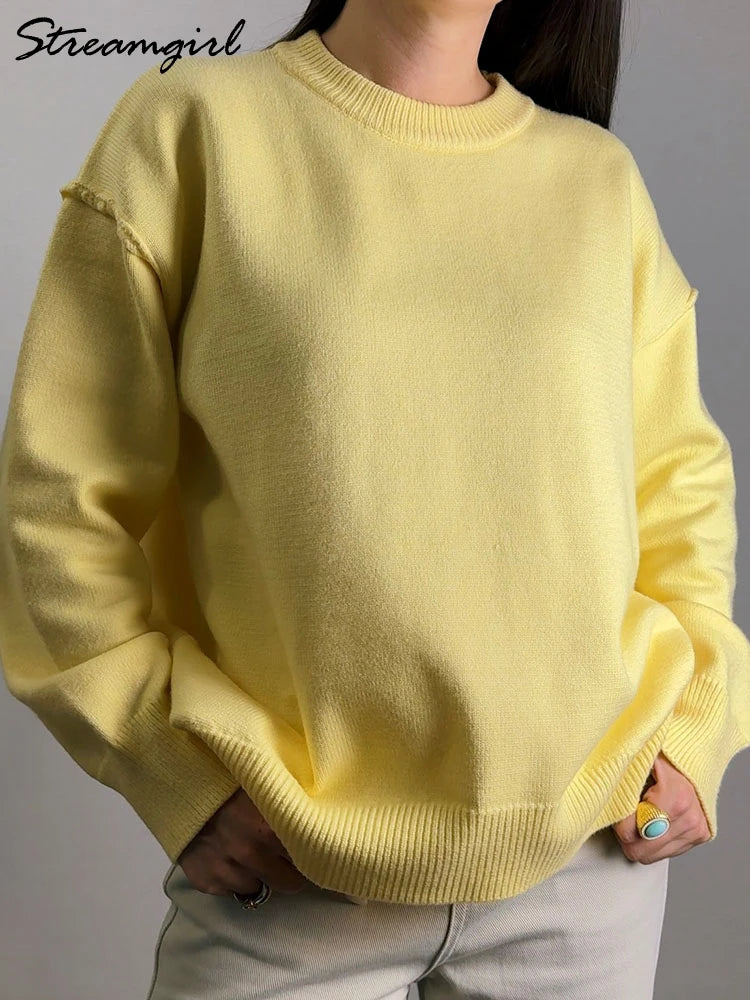 Brown Oversize Sweaters For Women Winter Thick Yellow Pullover Woman Autumn Warm Loose O Neck Ladies Sweaters Jumpers Women