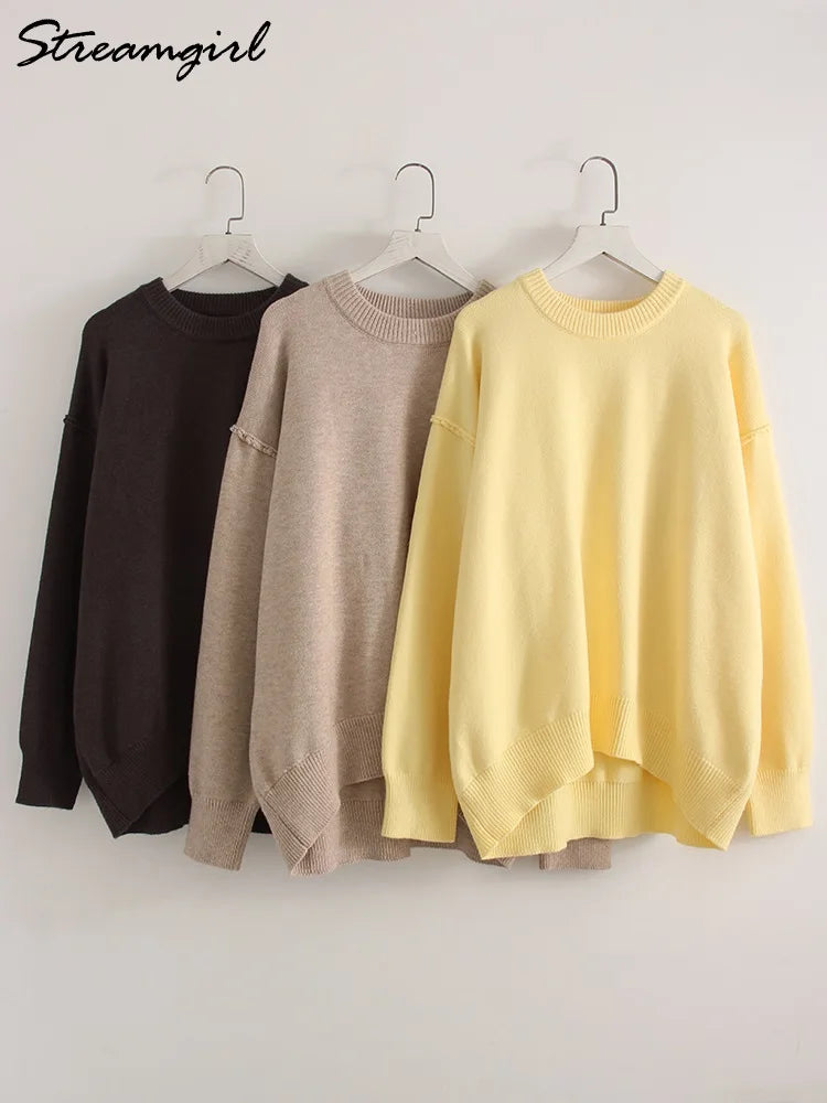 Brown Oversize Sweaters For Women Winter Thick Yellow Pullover Woman Autumn Warm Loose O Neck Ladies Sweaters Jumpers Women