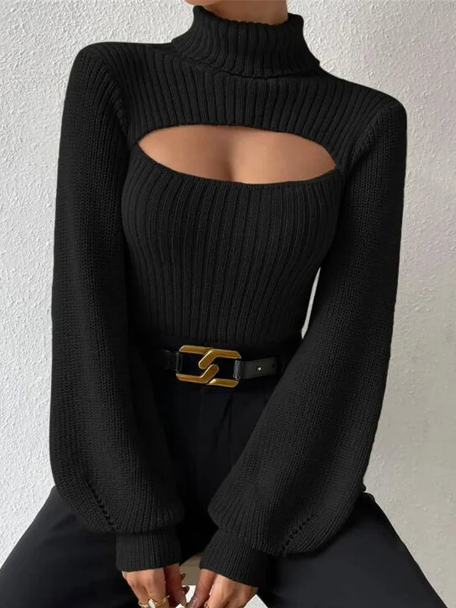 Sexy Hollow Out Design Knitted Pullovers Women's Sweater Causal Loose Turtleneck Soft Warm Top Autumn Winter Y2K Streetwear