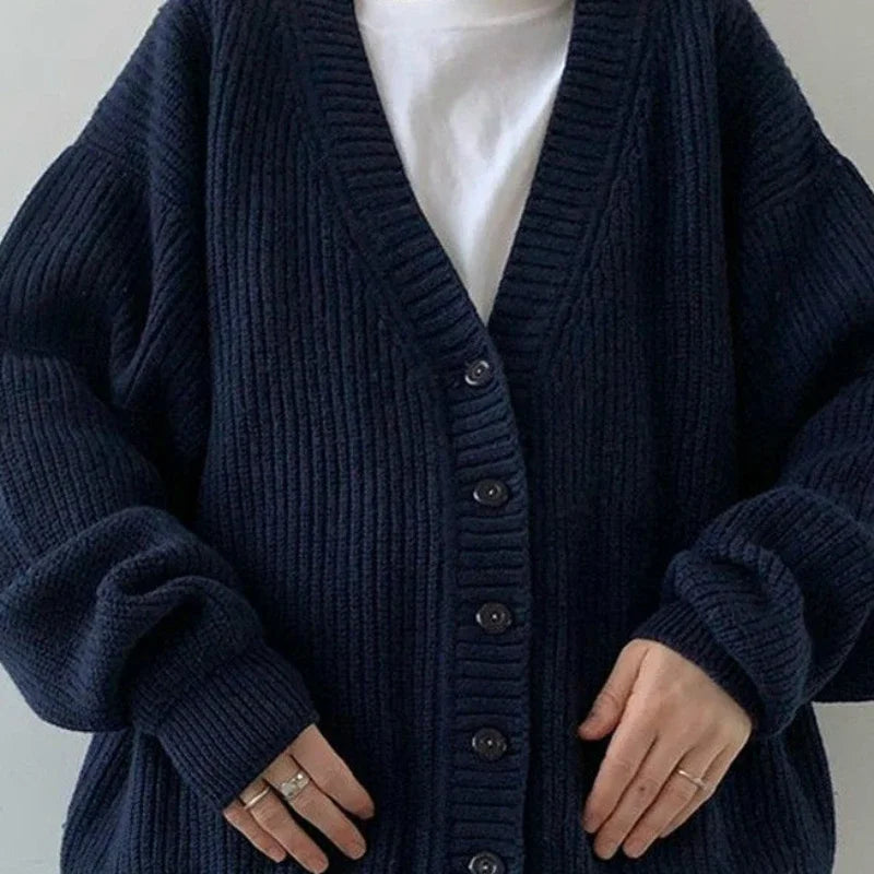 Navy Blue Ladies Sweaters V-neck Knitted Top for Women Cardigan Winter Button New Knitwear Y2k Vintage Fashion 2025 Long Sleeve