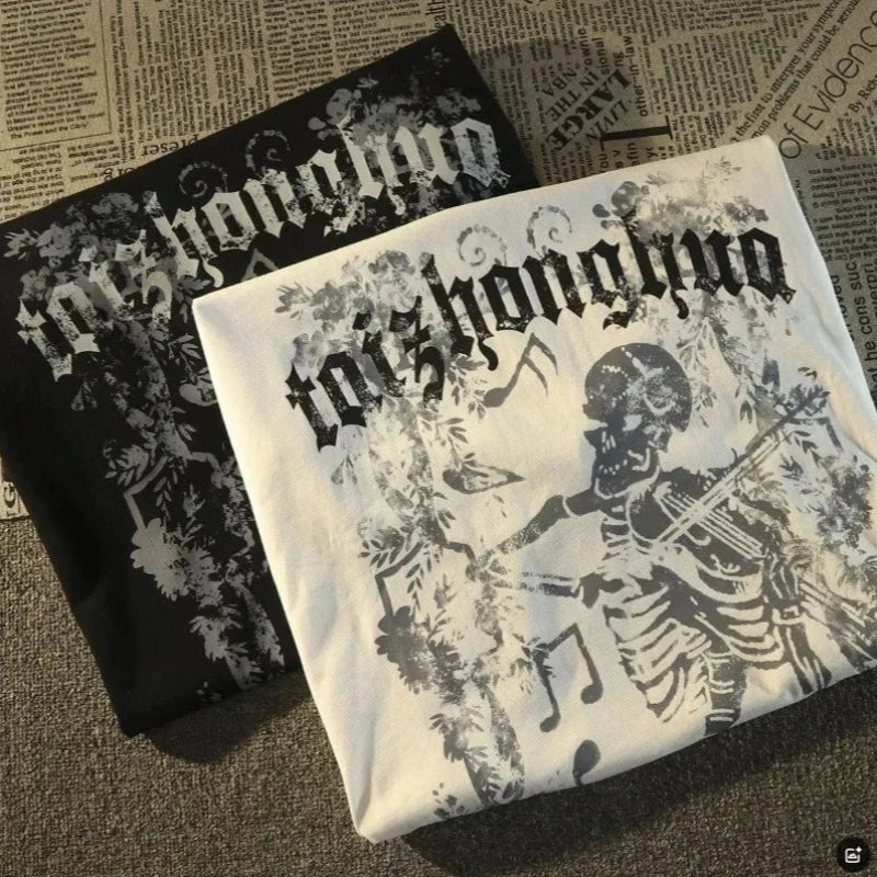 M-8XL American Street Trendy Brand Skull Element Print Trendy Men's T-shirt High Street Trendy Men's Clothing