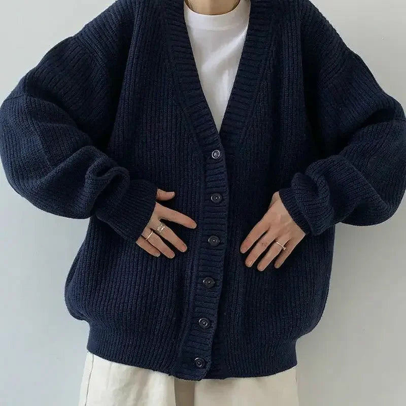 Navy Blue Ladies Sweaters V-neck Knitted Top for Women Cardigan Winter Button New Knitwear Y2k Vintage Fashion 2025 Long Sleeve