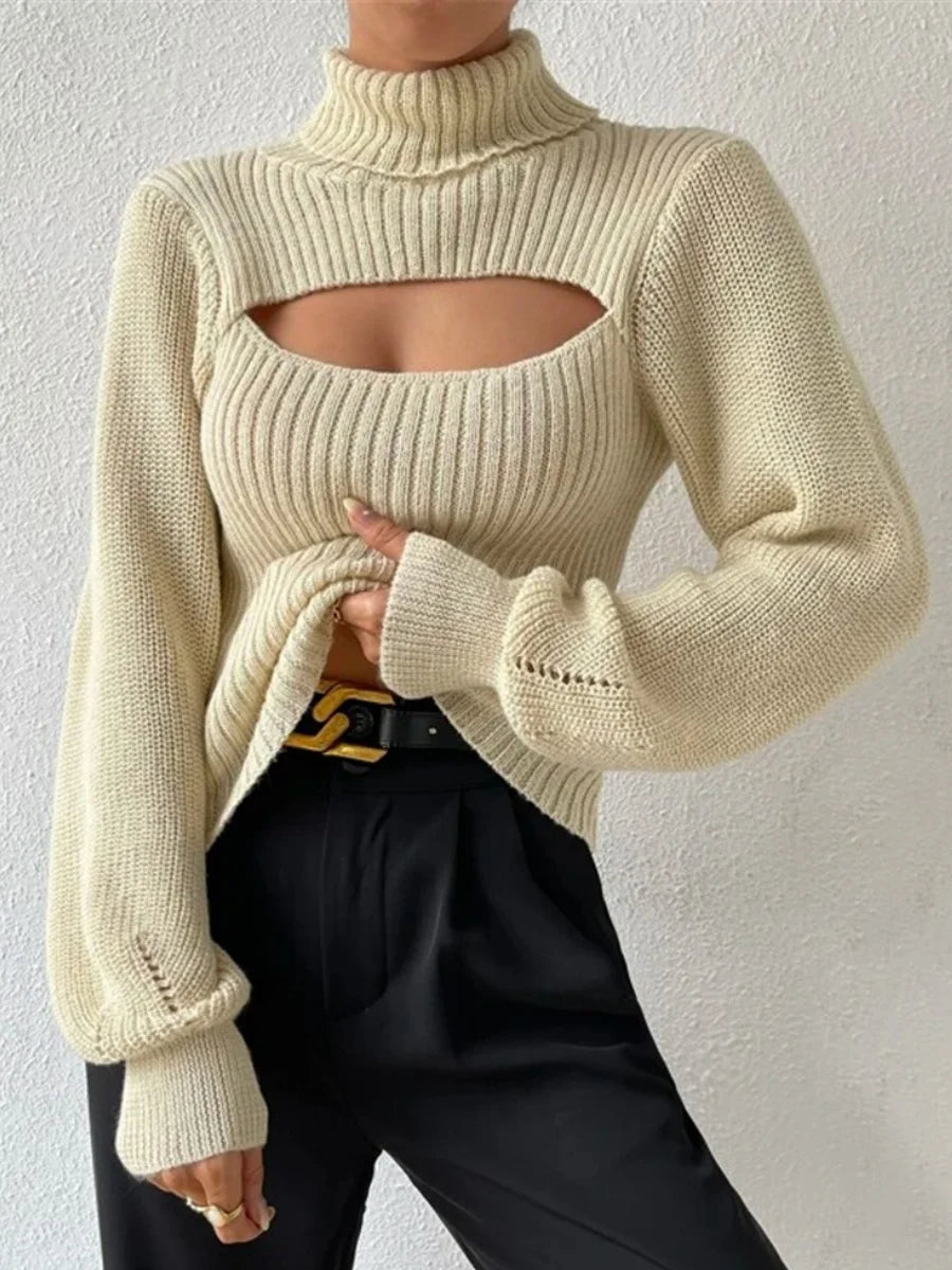 Sexy Hollow Out Design Knitted Pullovers Women's Sweater Causal Loose Turtleneck Soft Warm Top Autumn Winter Y2K Streetwear