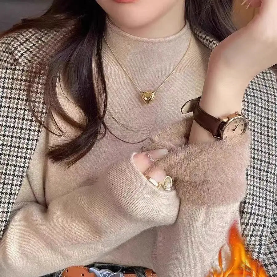 White Knitted Fleece Lined Half High Collar Sweater Women's Fashion Autumn Winter Inner Wear Base Shirt Integrated Fleece Top