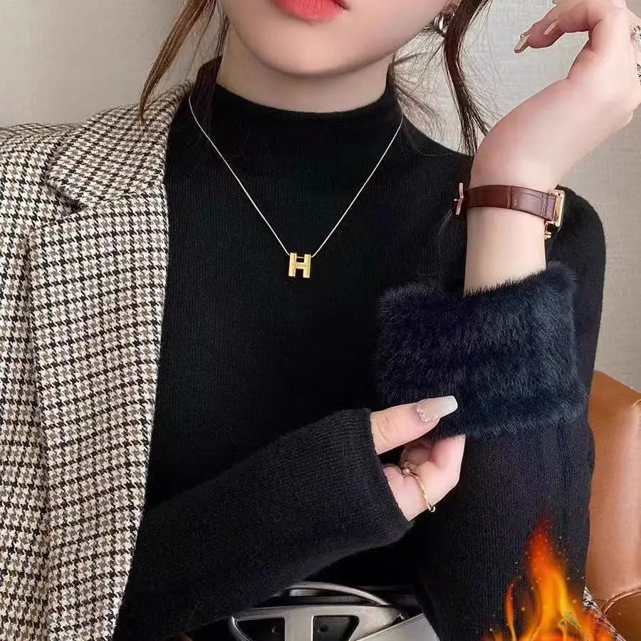 White Knitted Fleece Lined Half High Collar Sweater Women's Fashion Autumn Winter Inner Wear Base Shirt Integrated Fleece Top