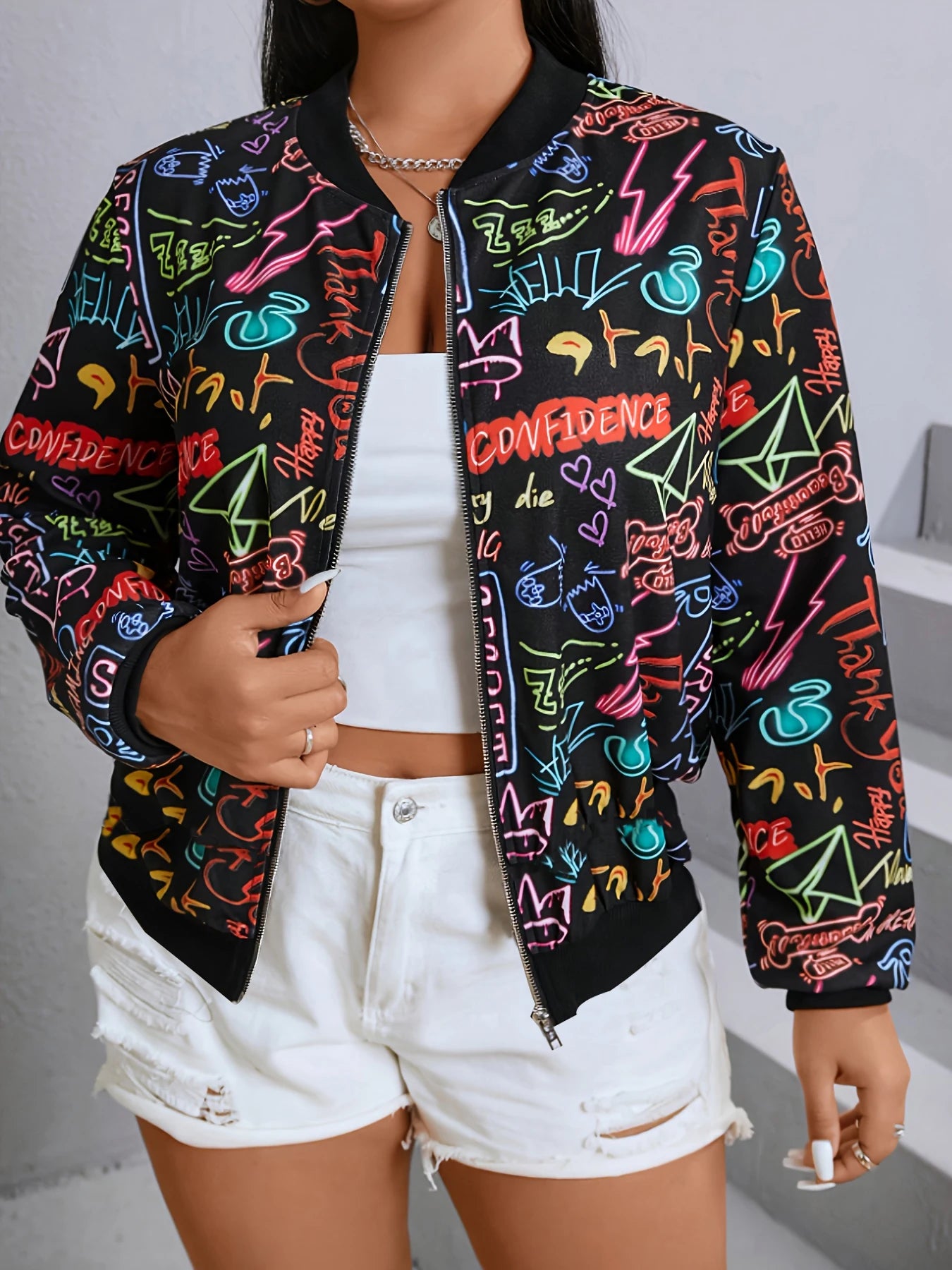 Plus size women's colorful neon graffiti print baseball jacket zipper street style casual slimming stand collar jacket coat