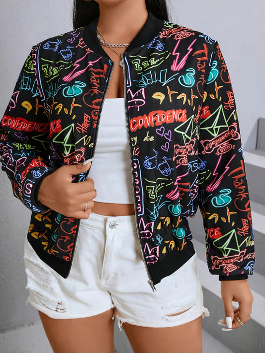 Plus size women's colorful neon graffiti print baseball jacket zipper street style casual slimming stand collar jacket coat