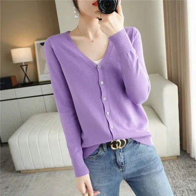 Cardigans Women 2025 Spring Autumn Knitwears Korean Fashion Cardigan Short Style Tops V-neck Knitted Outerwears Solid Sweaters