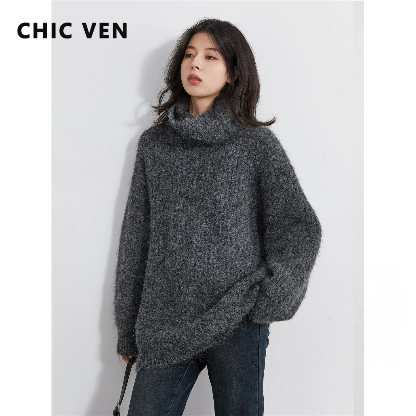 CHIC VEN Women Turtleneck Sweaters Solid Loose Casual Pullovers Bottom Thick Warm Female Jumpers Knitwear Autumn Winter 2025