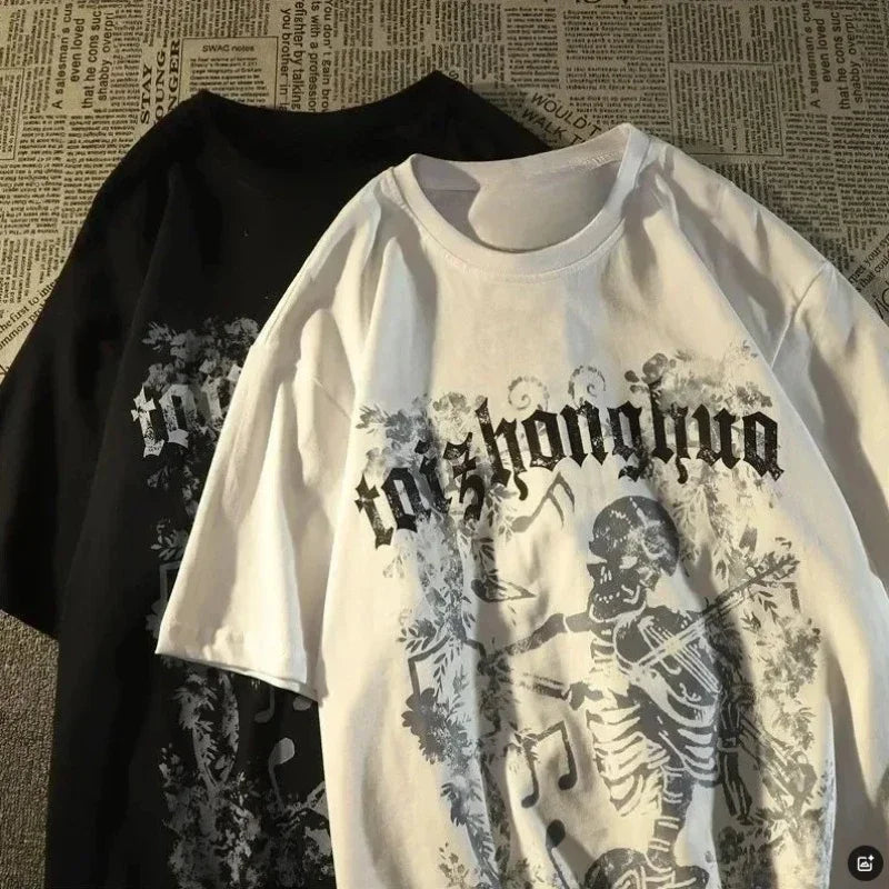 M-8XL American Street Trendy Brand Skull Element Print Trendy Men's T-shirt High Street Trendy Men's Clothing